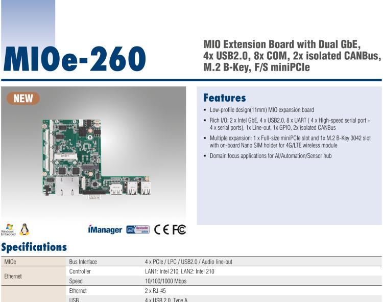 研華MIOe-260 M.2 B-key，高速 miniPCIe，雙Intel LAN，4個(gè)USB2.0、8個(gè)COM