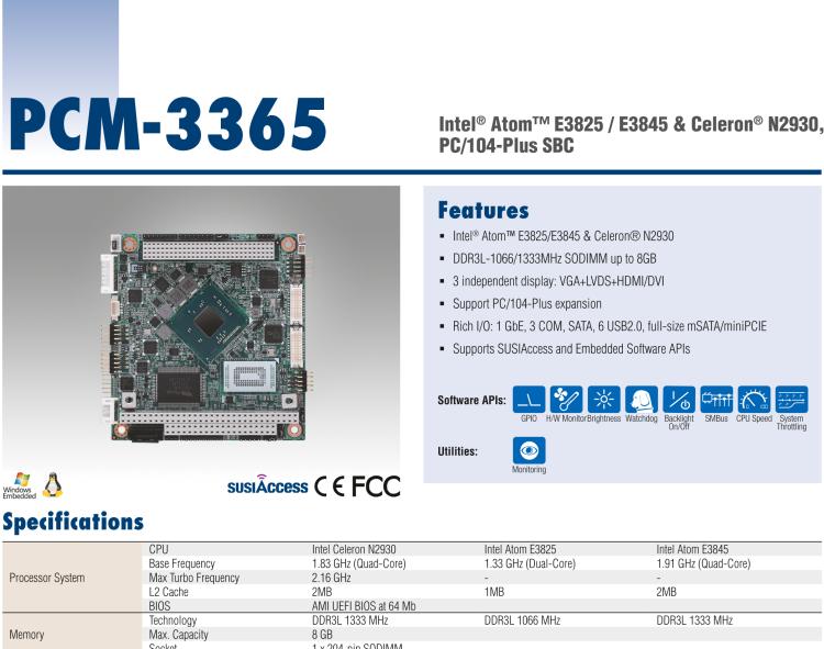 研華PCM-3365 英特爾第四代凌動(dòng)?Atom?E3825 / E3845＆賽揚(yáng)?N2930，PC / 104-Plus嵌入式主板，ISA，VGA，HDMI / DVI，LVDS，6 USB，mSATA或板載SSD