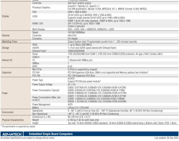 研華PCM-3365 英特爾第四代凌動(dòng)?Atom?E3825 / E3845＆賽揚(yáng)?N2930，PC / 104-Plus嵌入式主板，ISA，VGA，HDMI / DVI，LVDS，6 USB，mSATA或板載SSD