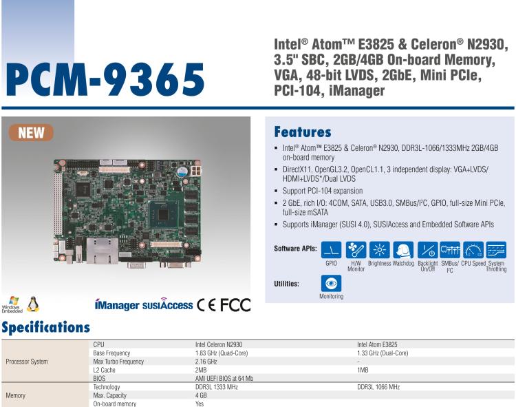 研華PCM-9365 第四代ATOM PCI-104 3.5寸主板, 搭載E3825，N2930 CPU，2GB/4GB內(nèi)存在板，VGA, 18/24-bit LVDS, 2GbE, Mini PCIe, PCI-104, iManager