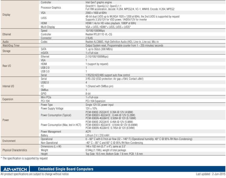 研華PCM-9365 第四代ATOM PCI-104 3.5寸主板, 搭載E3825，N2930 CPU，2GB/4GB內(nèi)存在板，VGA, 18/24-bit LVDS, 2GbE, Mini PCIe, PCI-104, iManager