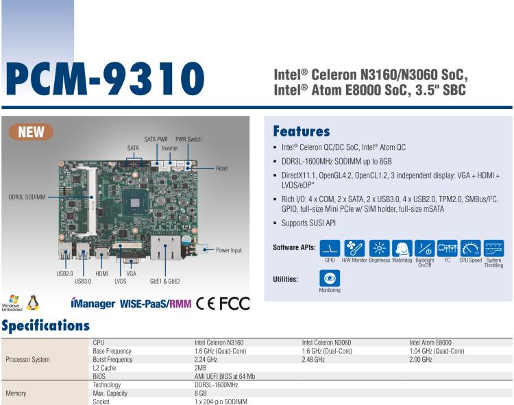 研華PCM-9310 英特爾第五代Atom?賽揚(yáng)N3160 / N3060 SoC，Intel?Atom E8000 SoC，3.5寸單板電腦，DDR3L，VGA，HDMI，48位LVDS，2GbE，Mini PCIe，mSATA，SUSI API