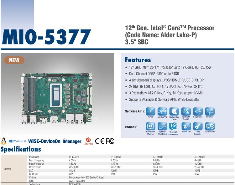 研華MIO-5377 第12代 Intel Core i7/ i5/ i3 P系列，3.5"單板電腦， 高達12 核心，TDP 28/15W