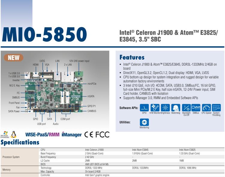 研華MIO-5850 Intel賽揚(yáng)J1900和Atom?E3825 / E3845,3.5“MI / O-Compact SBC，板載DDR3L，3GbE，iManager 3.0,16位GPIO，CANBUS，板載eMMC，12V / 24V電源輸入
