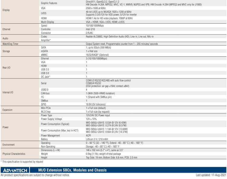 研華MIO-5850 Intel賽揚(yáng)J1900和Atom?E3825 / E3845,3.5“MI / O-Compact SBC，板載DDR3L，3GbE，iManager 3.0,16位GPIO，CANBUS，板載eMMC，12V / 24V電源輸入