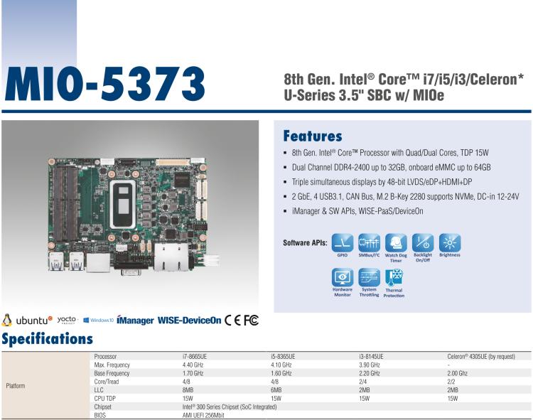 研華MIO-5373 第八代 Intel 低功耗高性能 超極本CPU 3.5寸嵌入式單板，性能提升40%