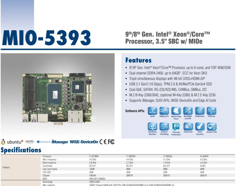 研華MIO-5393 第九代Intel 高性能筆記本CPU 3.5寸小尺寸嵌入式單板，性能提升25%，TDP 45W/25W，支持DDR4 64GB內(nèi)存，2LAN, 4USB 3.1，M.2 2280 Key支持NVMe，-40-85℃寬溫