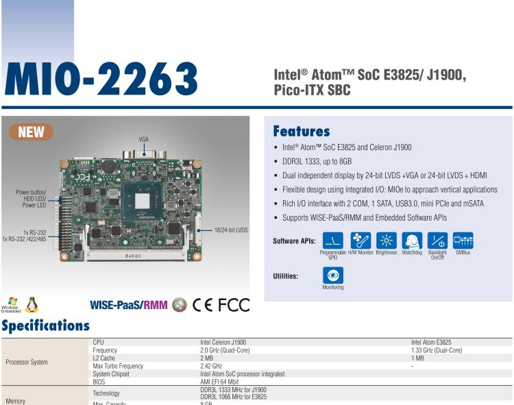 研華MIO-2263 2.5寸Pico-ITX主板，搭載Intel? Atom? SoC E3825/ J1900處理器的2.5寸Pico-ITX單板電腦，采用DDR3L內存，支持24-bit LVDS + VGA/HDMI獨立雙顯，帶有豐富I/O接口：1個GbE、半長Mini PCIe、4個USB、2個COM、SMBus、mSATA & MIOe