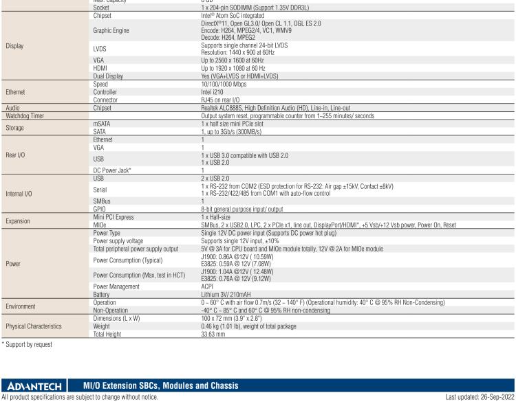 研華MIO-2263 2.5寸Pico-ITX主板，搭載Intel? Atom? SoC E3825/ J1900處理器的2.5寸Pico-ITX單板電腦，采用DDR3L內存，支持24-bit LVDS + VGA/HDMI獨立雙顯，帶有豐富I/O接口：1個GbE、半長Mini PCIe、4個USB、2個COM、SMBus、mSATA & MIOe