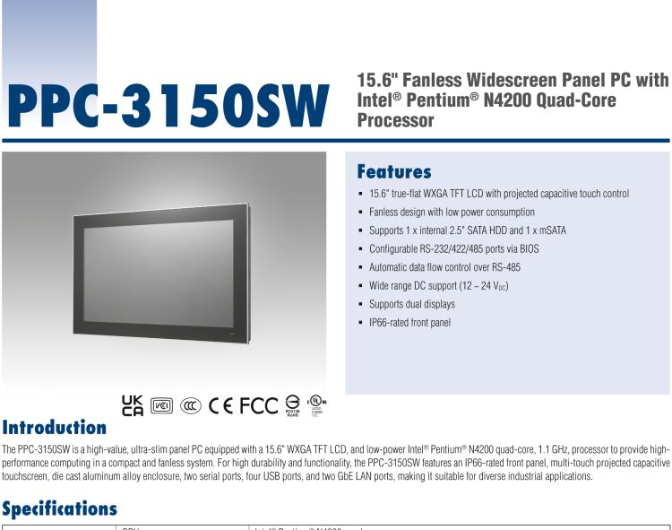 研華PPC-3150SW 15.6" 寬屏無(wú)風(fēng)扇工業(yè)平板電腦，搭載 Intel? Pentium? N4200 四核心處理器