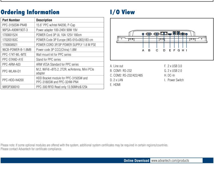 研華PPC-3150SW 15.6" 寬屏無(wú)風(fēng)扇工業(yè)平板電腦，搭載 Intel? Pentium? N4200 四核心處理器