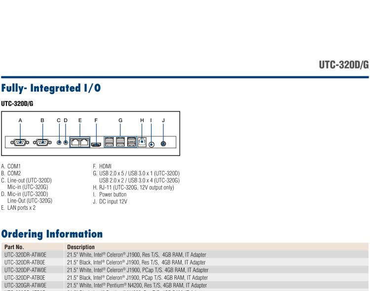 研華UTC-320D 21.5" 多功能觸控一體機，內(nèi)置Intel? Celeron? J1900處理器