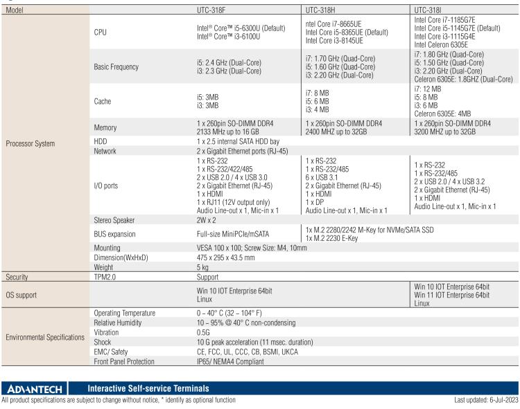 研華UTC-318H 18.5" 多功能觸控一體機，內(nèi)置 Intel? Core? i5-8365UE / Core? i3-8145UE