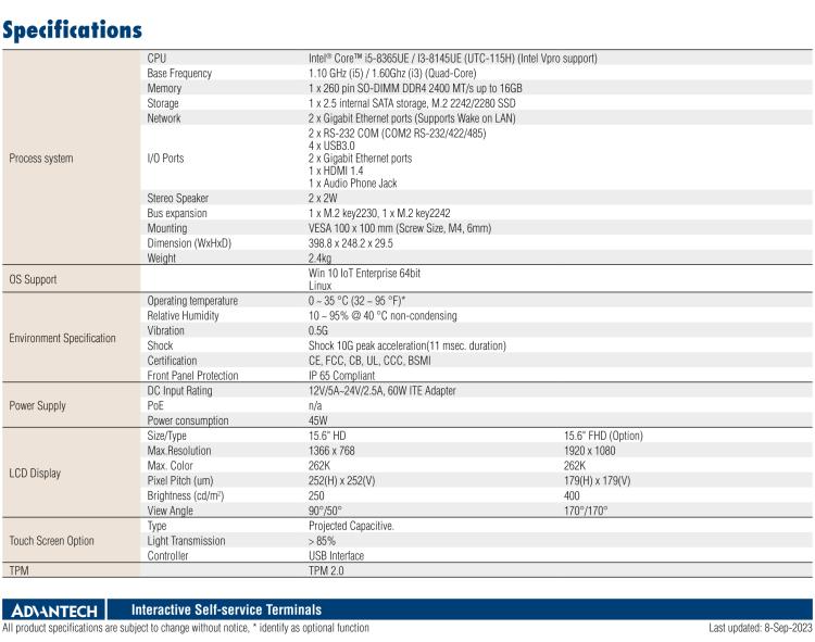 研華UTC-115H 15.6" 多功能觸控一體機(jī)，搭載 Intel? Core? i5-8365UE