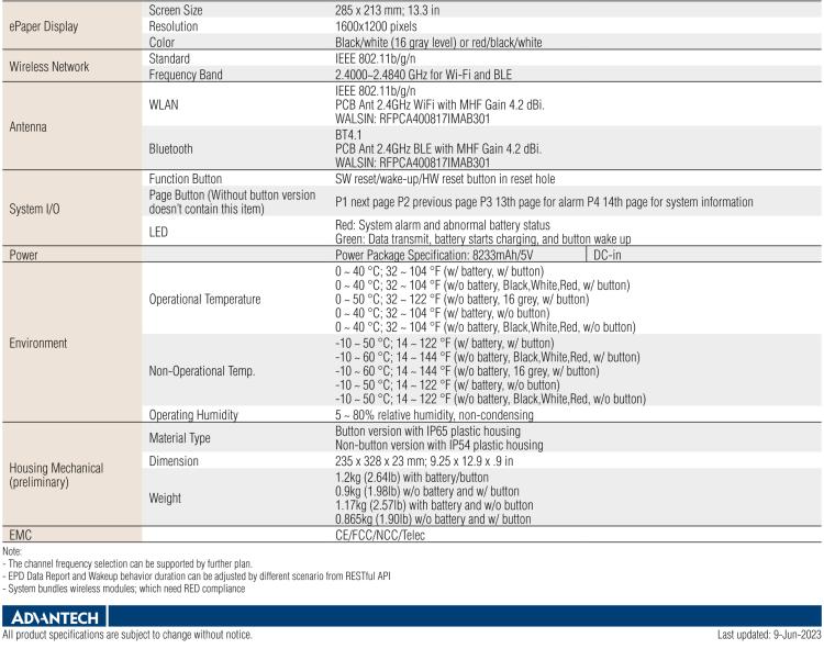 研華EPD-660 13.3"電子紙解決方案，Wi-Fi，用于醫(yī)院床邊卡和智能建筑標牌。