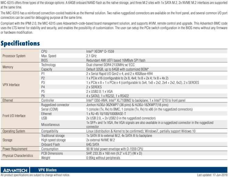 研華MIC-6315 基于Intel? Xeon? D-1500處理器的Open VPX CPU刀片式計算機(jī)