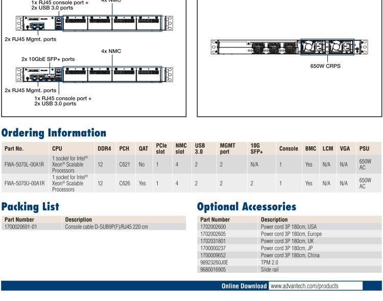 研華FWA-5070 基于Intel?Xeon?處理器可擴(kuò)展系列1U機(jī)架式網(wǎng)絡(luò)應(yīng)用平臺(tái)，最高支持4個(gè)NMC插槽