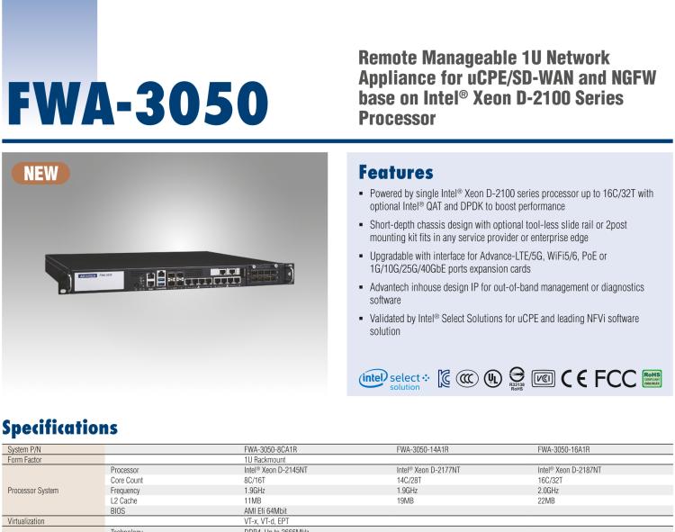 研華FWA-3050 基于Intel?Xeon D-2100系列處理器，用于uCPE和下一代防火墻的遠(yuǎn)程可管理1U網(wǎng)絡(luò)應(yīng)用平臺