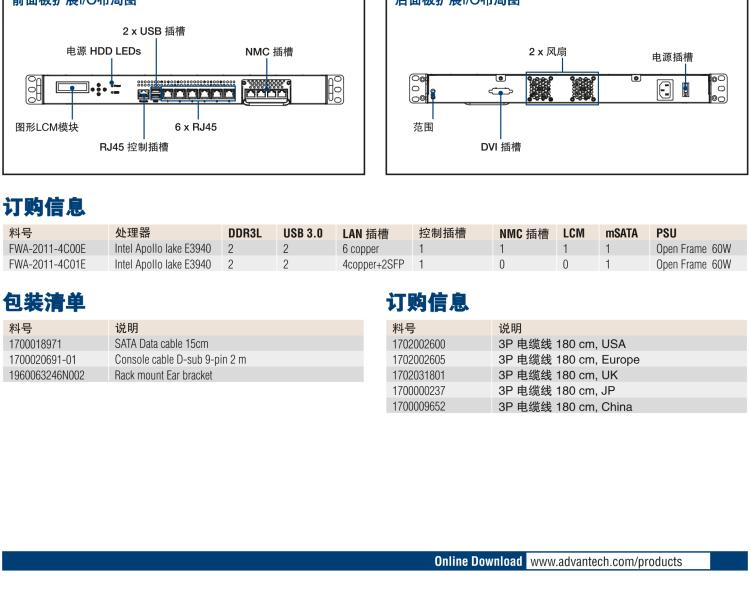 研華FWA-2011 基于 Intel? Atom? X5-E3930& 3940 系列 處理器1U機架式網(wǎng)絡應用平臺