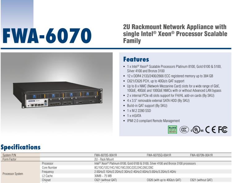 研華FWA-6070 基于單個Intel?Xeon?可擴展系列處理器的2U機架式網(wǎng)絡應用平臺