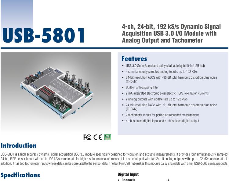 研華USB-5801 4路，24位，192 kS / s的動(dòng)態(tài)信號(hào)采集USB 3.0 I / O模塊使用模擬輸出和轉(zhuǎn)速計(jì)