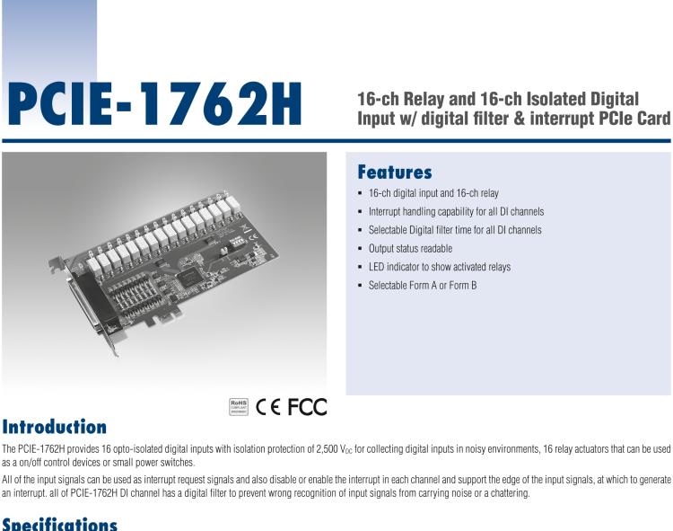 研華PCIE-1762H 16 通道繼電器和 16 通道隔離數(shù)字輸入，帶數(shù)字濾波器和中斷 PCIe 卡