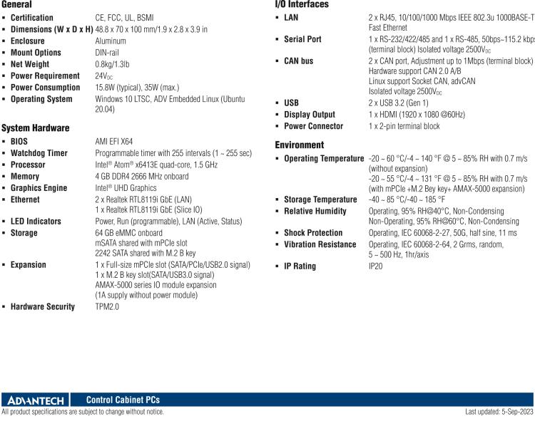 研華AMAX-5570 超微型控制平臺，采用Intel Atom處理器、64GB eMMC、2 個以太網(wǎng)口、2 個 USB、2 個 CAN、2 個 COM 和插片 IO 擴展