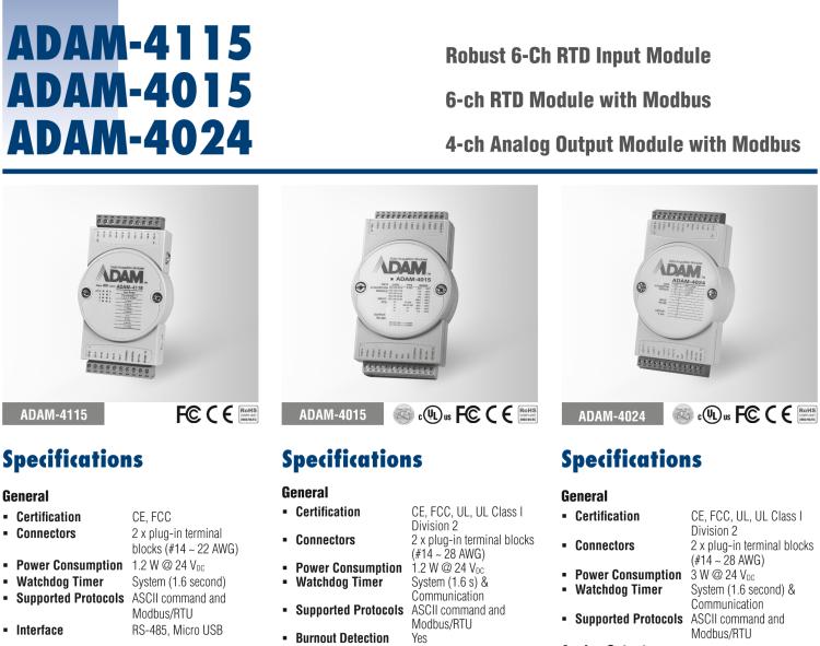 研華ADAM-4115-B ADAM-4115 6 通道 RTD 輸入模塊可接受多種 RTD 傳感器類型，包括 Pt100、Pt1000、Ni50、Ni508 和 Balco 500 系列