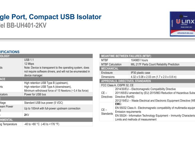 研華BB-UH401-2KV USB 2.0 2 kV隔離器，1端口，12 Mbps全速