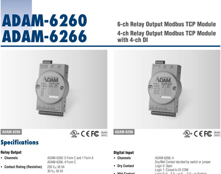 研華ADAM-6266 支持Modbus TCP的4路繼電器輸出模塊，帶4路DI
