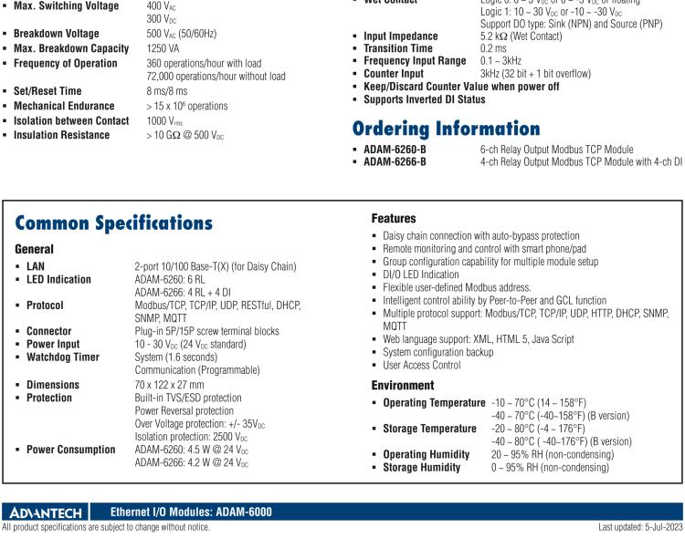 研華ADAM-6266 支持Modbus TCP的4路繼電器輸出模塊，帶4路DI