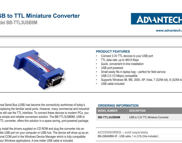 研華BB-TTL3USB9M 串口轉(zhuǎn)換器，USB 2.0至3.3 V TTL DB9 公頭