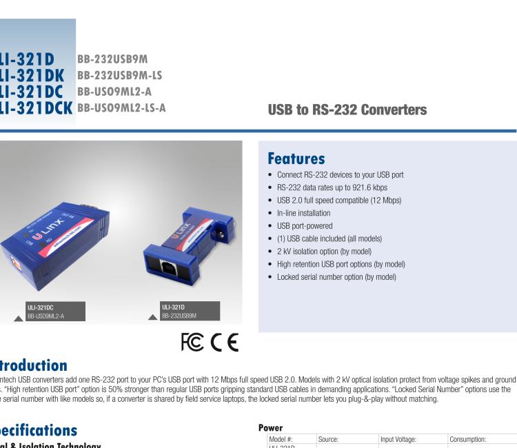 研華BB-232USB9M-LS ULI-321DK USB 2.0到RS-232轉(zhuǎn)換器，DB9公頭 端口號(hào)鎖定