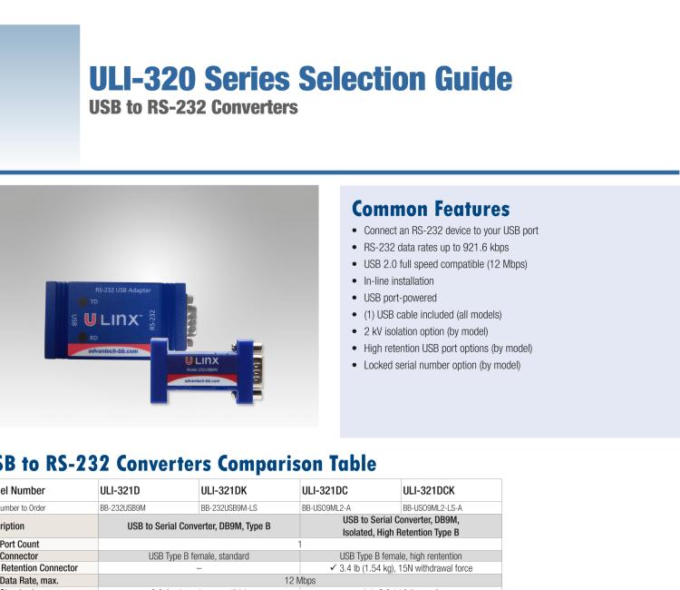 研華BB-232USB9M-LS ULI-321DK USB 2.0到RS-232轉(zhuǎn)換器，DB9公頭 端口號(hào)鎖定