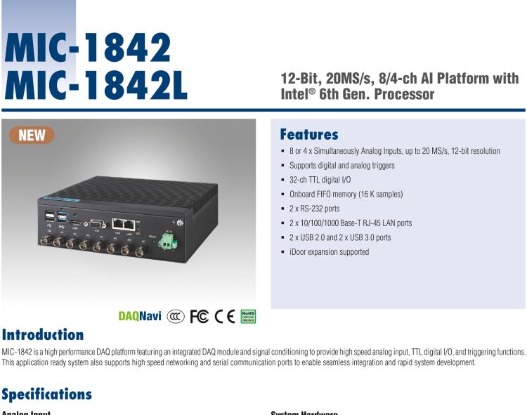 研華MIC-1842 12 位、20MS/s、8/4 通道 AI 平臺(tái)，采用英特爾?酷睿? i5/賽揚(yáng)?處理器