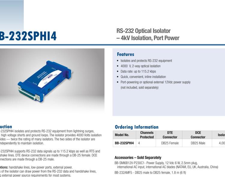 研華BB-232SPHI4 串口中繼器，RS-232 DB25，4 kV隔離，端口供電