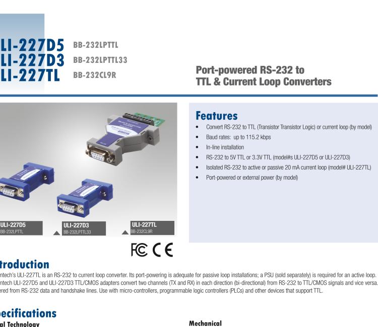 研華BB-232LPTTL33 ULI-227D3 RS-232（DB9母頭）至3.3V TTL（DB9公頭）轉(zhuǎn)換器，端口供電