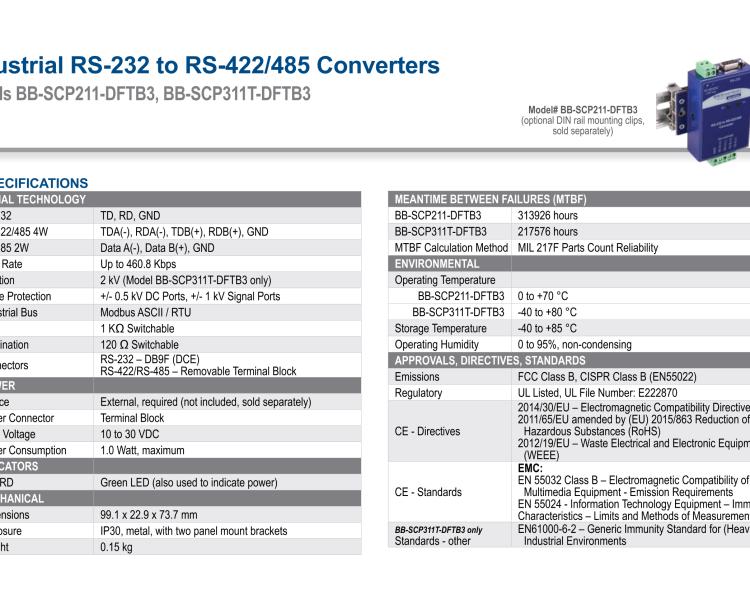 研華BB-SCP311T-DFTB3 ULI-224THC 寬溫度范圍、隔離式、RS-232 至 422/485 轉(zhuǎn)換器