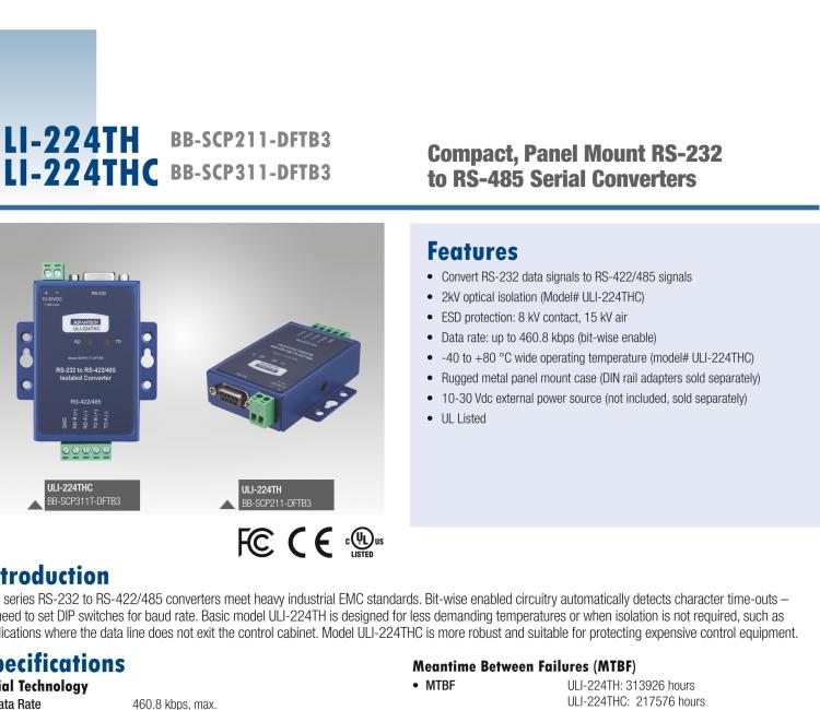 研華BB-485BAT3 ULI-224TB RS-232（DB9母頭至RS-422/485（接線端子）轉(zhuǎn)換器，電池供電