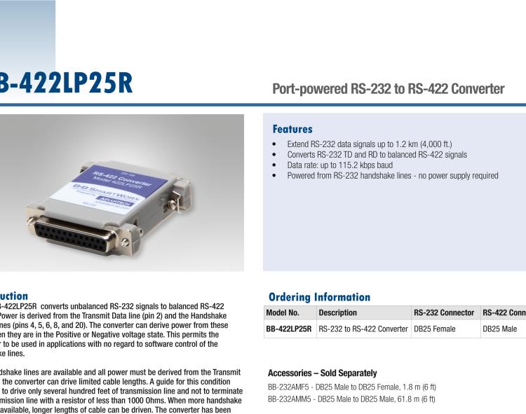 研華BB-422LP25R 串口轉(zhuǎn)換器，RS-232 DB-25 F至RS-422 DB25 M，端口供電