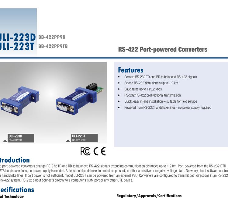 研華BB-422PP9R ULI-223D RS-232至RS-422轉(zhuǎn)換器，端口供電，DB9母頭連接器