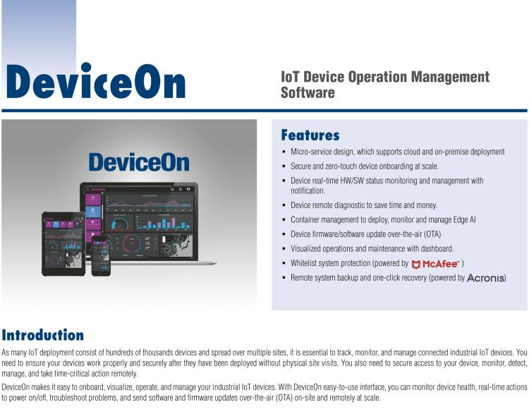 研華DeviceOn DeviceOn.DM是IoT設(shè)備管理，可遠(yuǎn)程管理連接的設(shè)備并提供集中式管理功能。